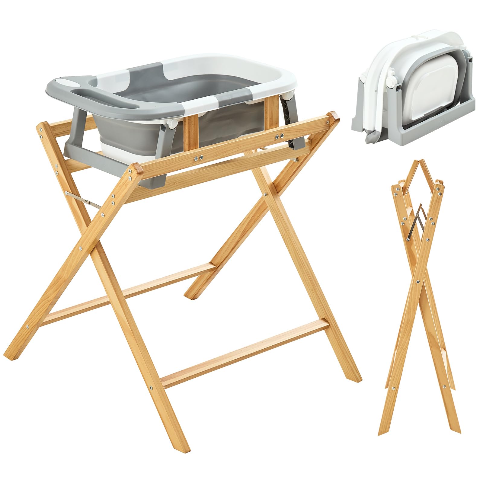 Bañera para bebés FUNLIO con soporte, bañera plegable y soporte de madera plegable para bebés de 0 a 24 meses, soporte seguro de 8 puntos, capacidad de 50 kg — Ergonómica y cómoda para la espalda