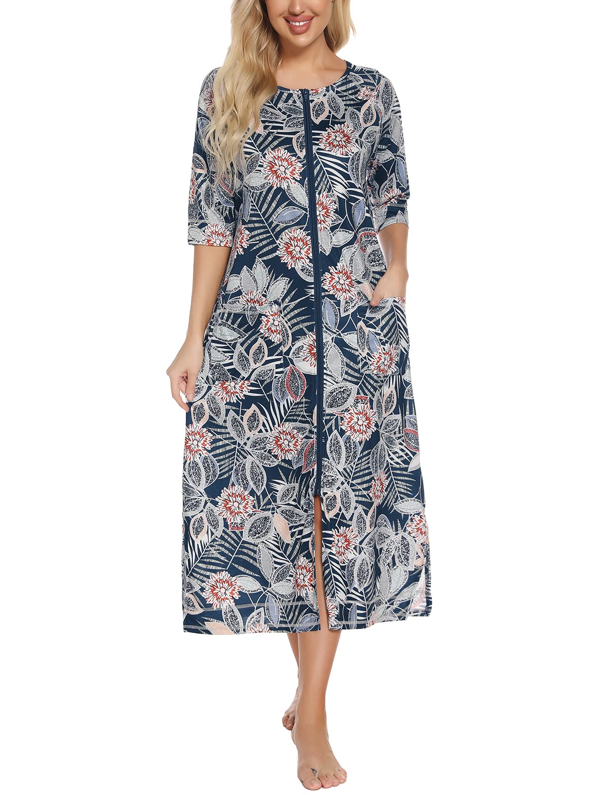 Rubehoow House Coat Damen-Bademantel mit Reißverschluss vorne, halblange Ärmel, volle Länge, weiche Baumwolle, Staubmantel mit Taschen