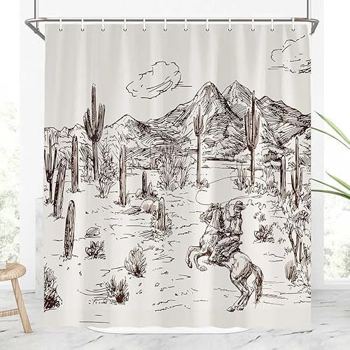 Miniatura 10 de Cortina de ducha de vaquero occidental, cortina de ducha de vaquero salvaje oeste, caballo y cactus del desierto para baño, decoración de tela con