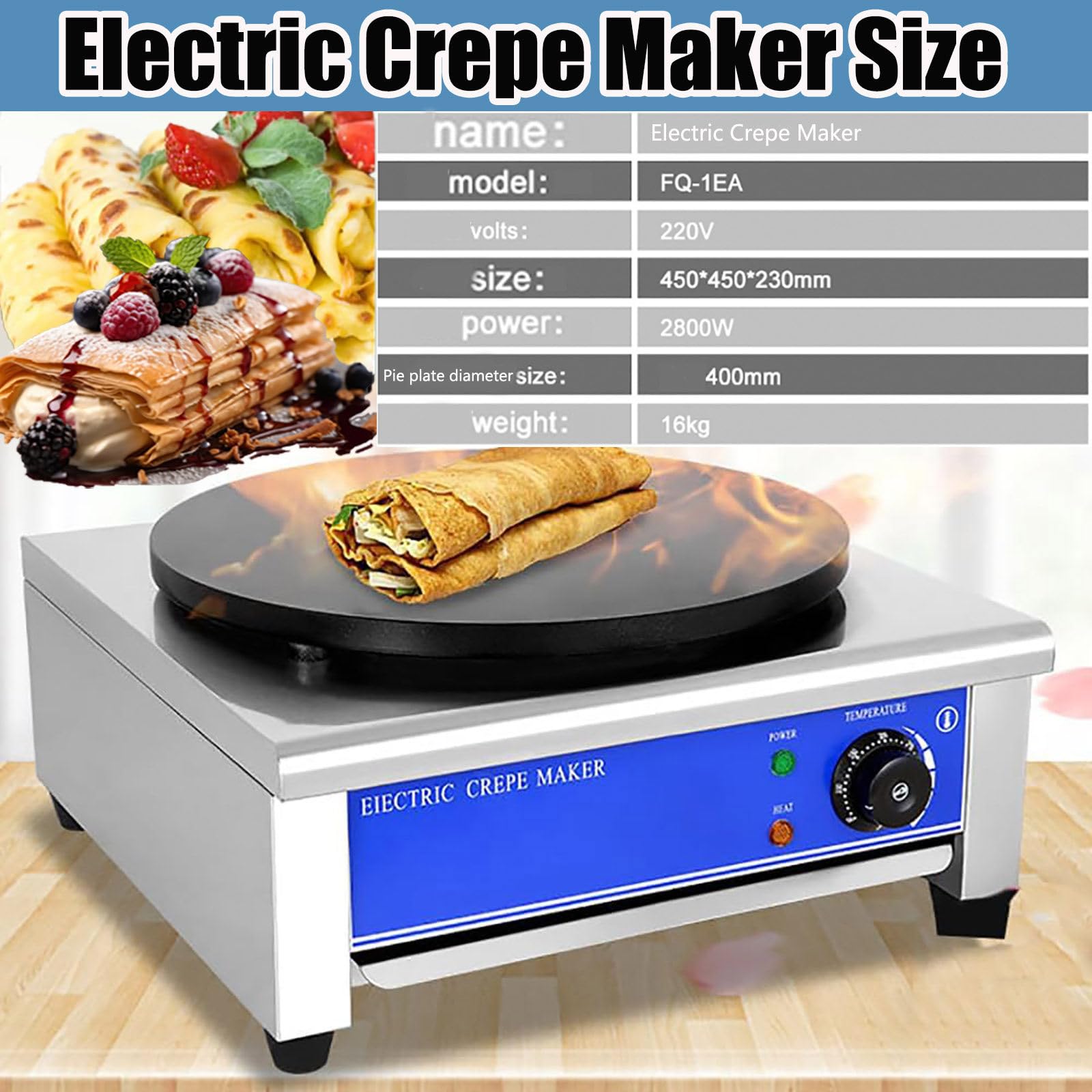 Máquina para Hacer Crepes eléctrica, máquina Grande para Hacer Crepes, Plancha para Crepes, Pan Plano Comercial de Tortilla Roti eléctrica Individual