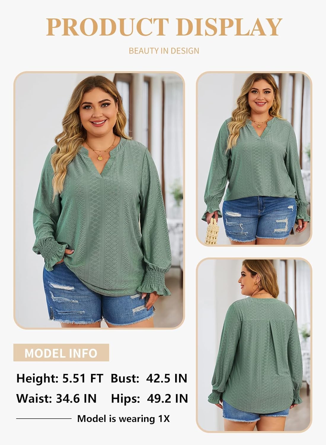 Eytino Plus Size Tops for Women Split V Neck Puff Long Sleeve Casual Loose Blouse Shirts - Image 3