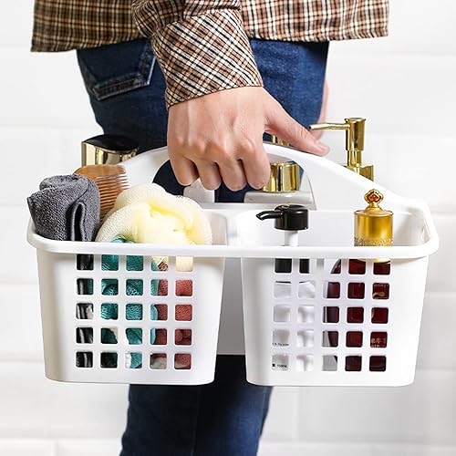 Miniatura 4 de Cesta de plástico con 3 compartimentos, organizador portátil de almacenamiento de suministros de limpieza dividido con asa (blanco)