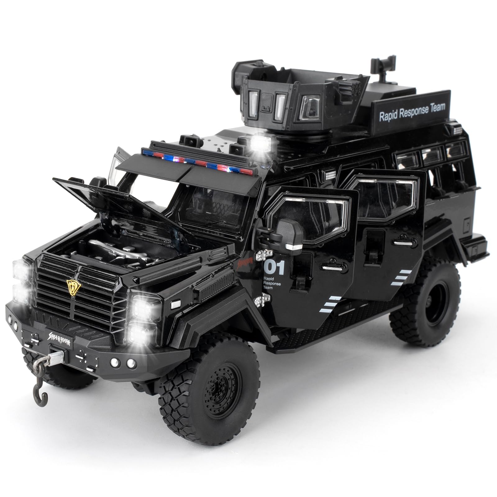 Magicwand® 1:24 Scale Die-Cast Metal Saber-Tooth Armored Truck with Openable 11 Small Windows & Doors,Lights & Music & Working Steering【Charcoal Black】【Pack of 1】-image-13
