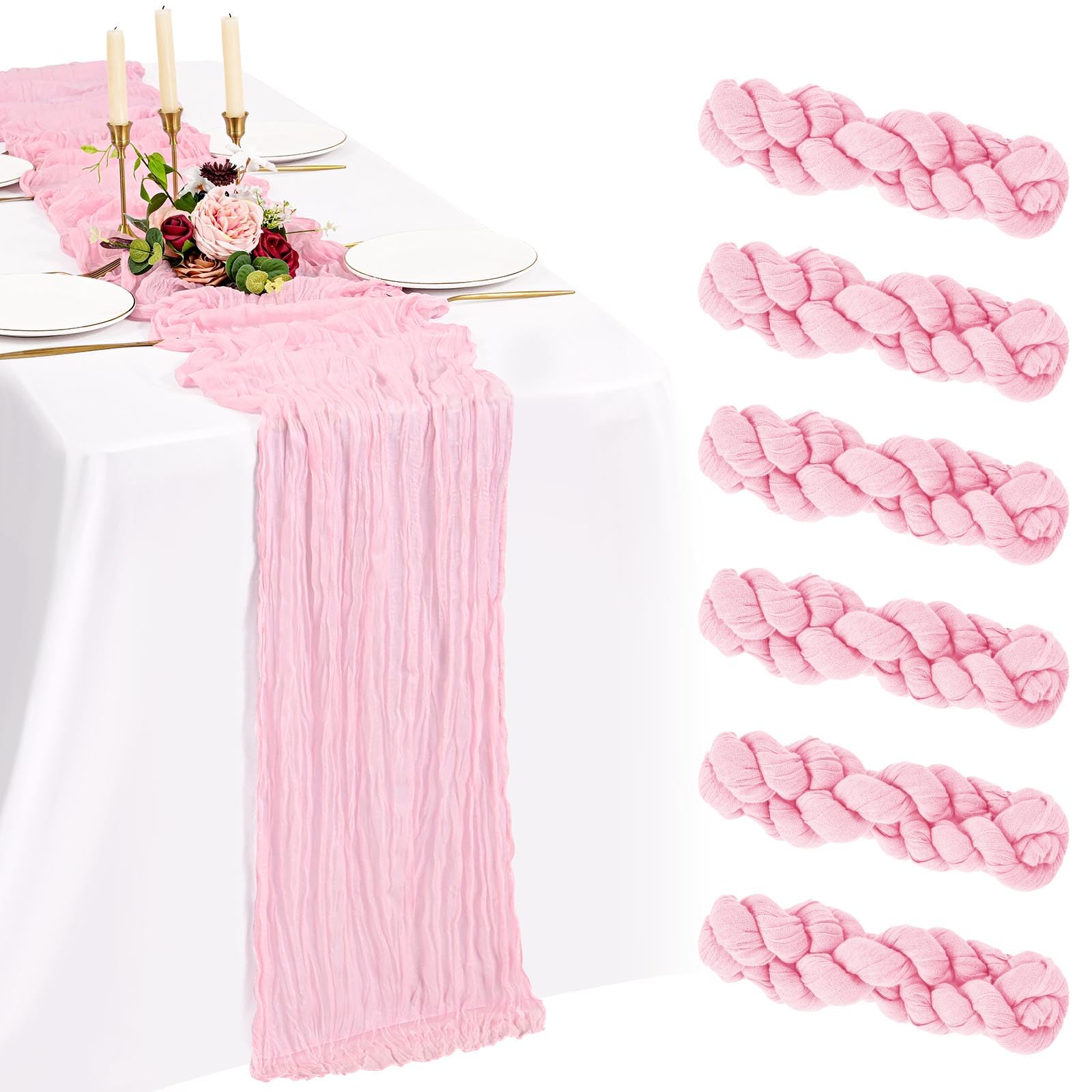 Showgeous 6 Pack Light Pink Cheesecloth Table Runner 10FT Boho Gauze Cheese Cloth Table Runners Romantic Rustic Sheer Table Decorations for Wedding Party Baby Shower Birthday Holiday Home