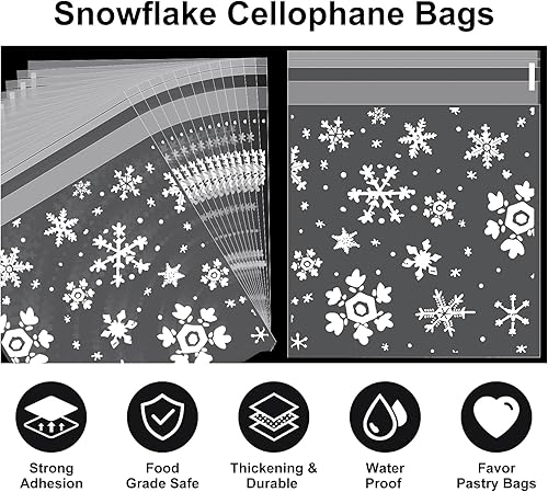 Miniatura 4 de 200 bolsas de golosinas de Navidad, bolsas de 5.5 x 5.5 pulgadas, bolsas de galletas de copo de nieve autosellantes, bolsas transparentes de