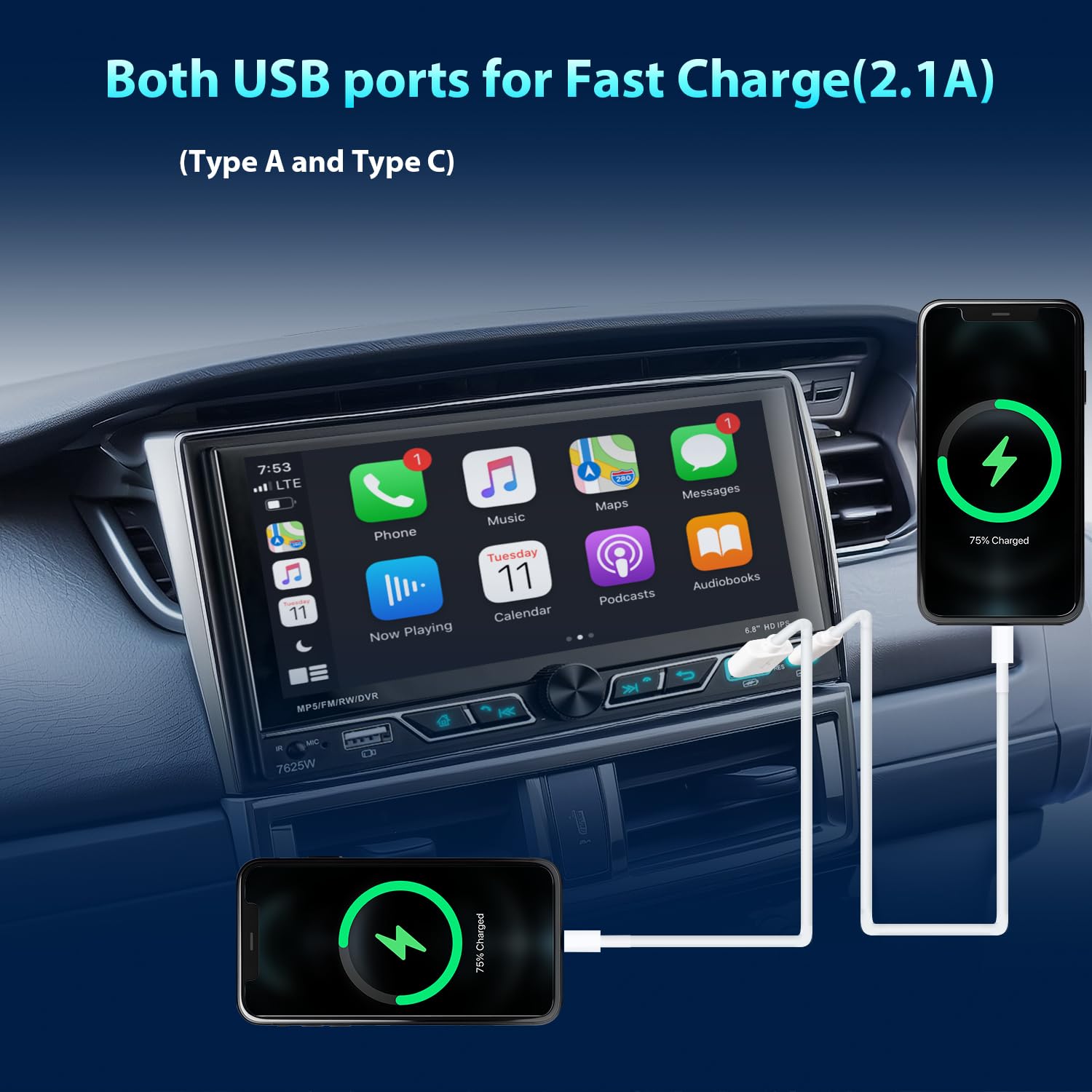 Autoradio 2 DIN con schermo da 6,8", compatibile con Wireless Apple CarPlay/Android Auto Bluetooth Type-C USB 2.1A ricarica rapida telecamera posteriore AM/FM/RDS radio DSP