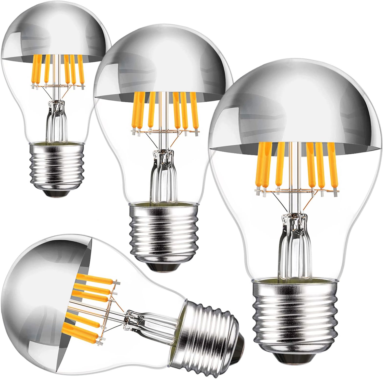 Half Chrome Light Bulb 6W (60 Watt Equivalent), Dimmable A19 A Shape 2700K Warm White Decorative LED Edison Bulb, Silver Tipped Light Bulbs E26 Base Pack of 4
