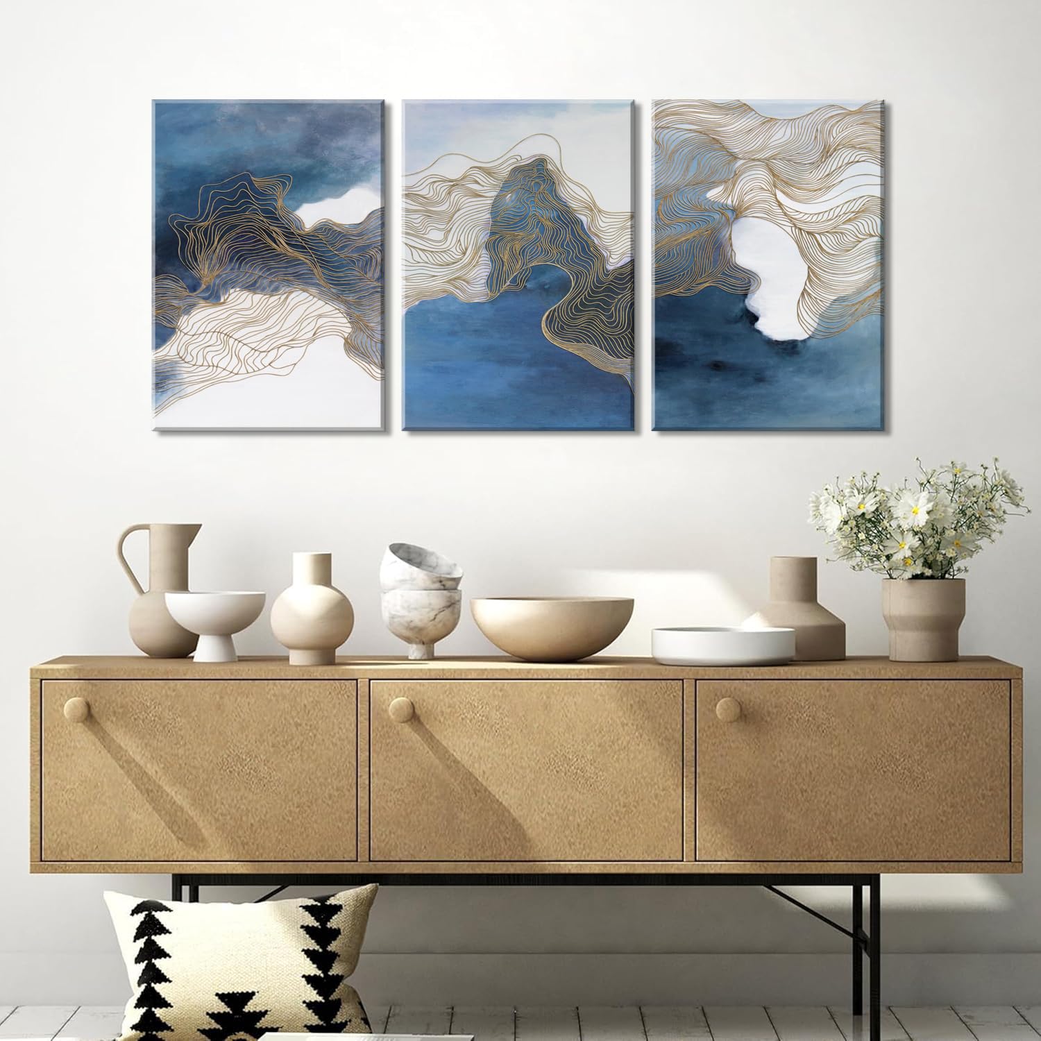 Piy Painting 3Pcs Cuadros Decorativos Salon Resumen Líneas Grande Impresiones De Lienzo Modernos Tema azul Pintura Laminas Decorativas Pared Dormitorios Quadros Decoração Pasillo Oficina 57x40cm