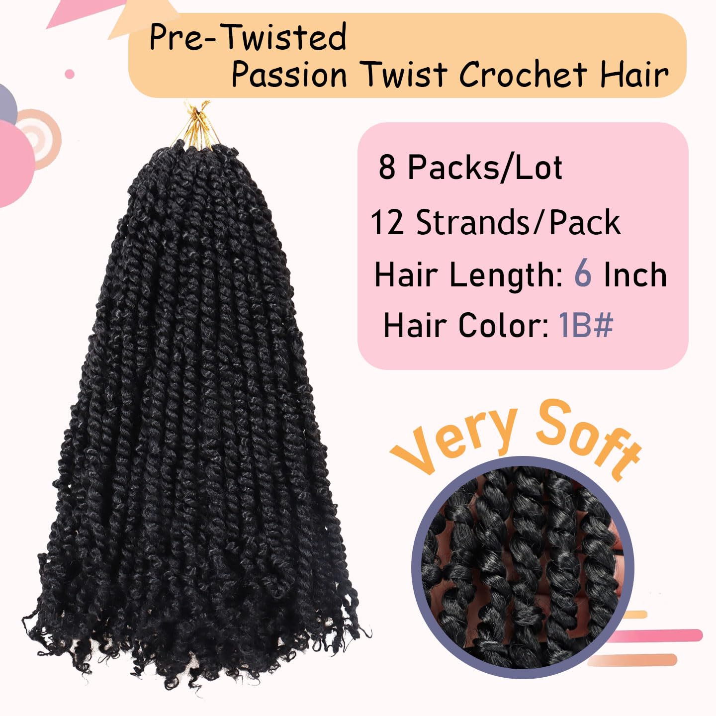 8 Packs Passion Twist Hair 6 Inch Pre-twisted Passion Twist Crochet Hair Pre-looped Crochet Braids Hair for Women Passion Twists Braiding Hair Synthetic Hair Extensions (12Strands/Pack; 1B#)