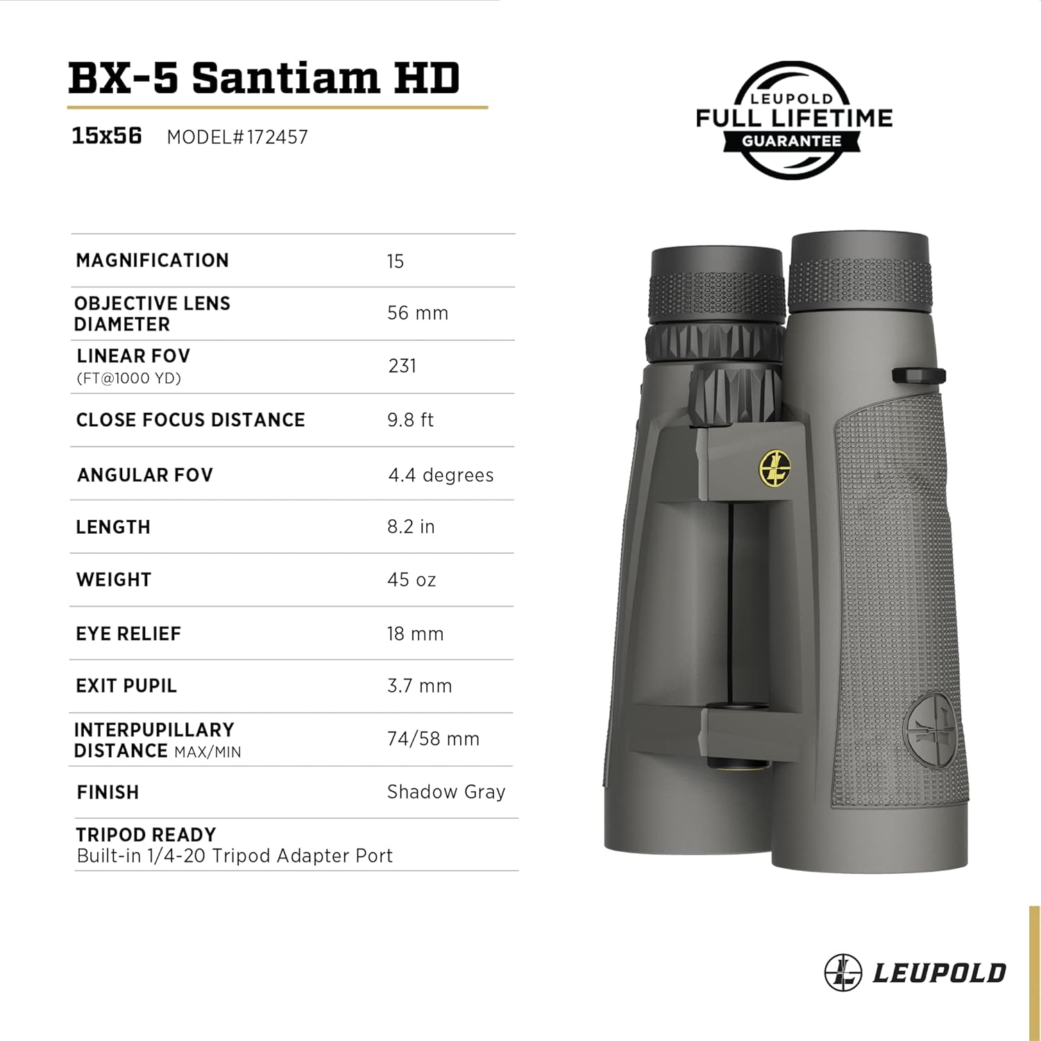 Leupold BX-5 Santiam HD Binoculars, 15x56mm (172457)