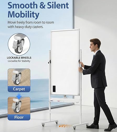 Miniatura 6 de Pizarra blanca móvil de doble cara de 40 x 28 pulgadas con ruedas, pizarra magnética de borrado en seco en el soporte, altura ajustable, marco