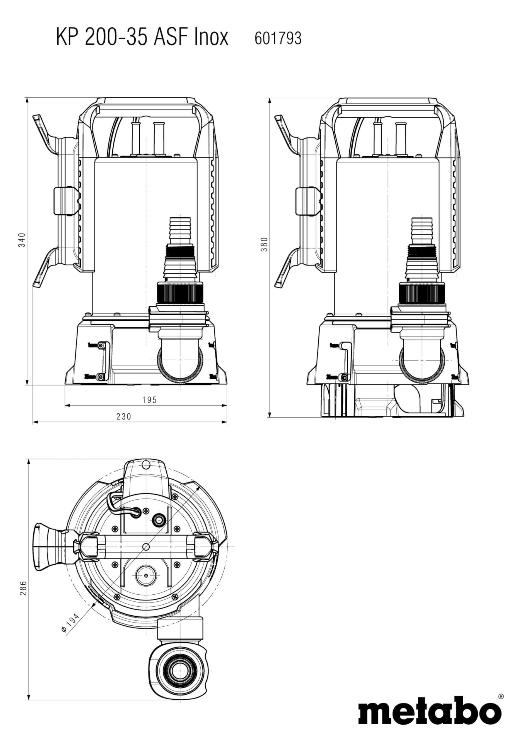 metabo Kombi‑Tauchpumpe KP 200‑35 ASF Inox - 620 W, 20.000 l/h, flachabsaugend bis 1 mm, Partikel bis 35 mm - Klar‑ & Schmutzwasser, elektronischer Schwimmerschalter, Edelstahlgehäuse, Quick‑Anschluss