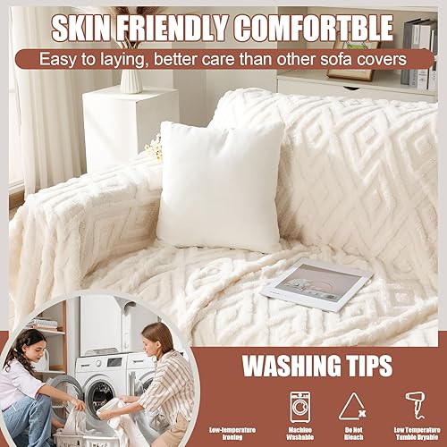 Miniatura 5 de Newwiee Funda de sofá de felpa jacquard rómbico de 71 x 118 pulgadas, cálida, funda de sofá de felpa esponjosa, protector de muebles, acogedor