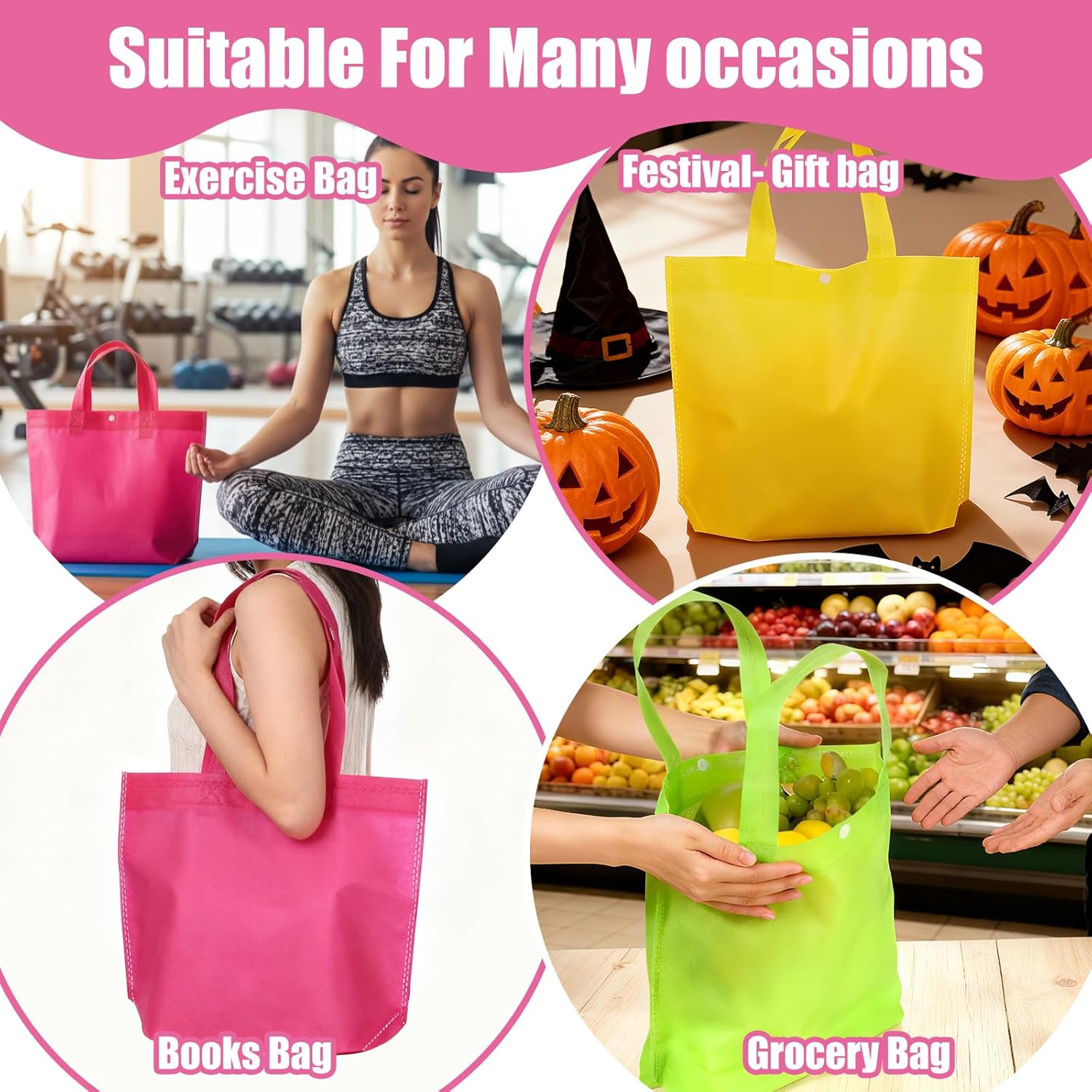 50 Pcs Non Woven Fabric Reusable Shopping Bags, Multi Color Foldable Tote Bags with Handles and Buttons for Grocery, Gift, Party Favors, Bulk 13x10x4 Inch - Image 5