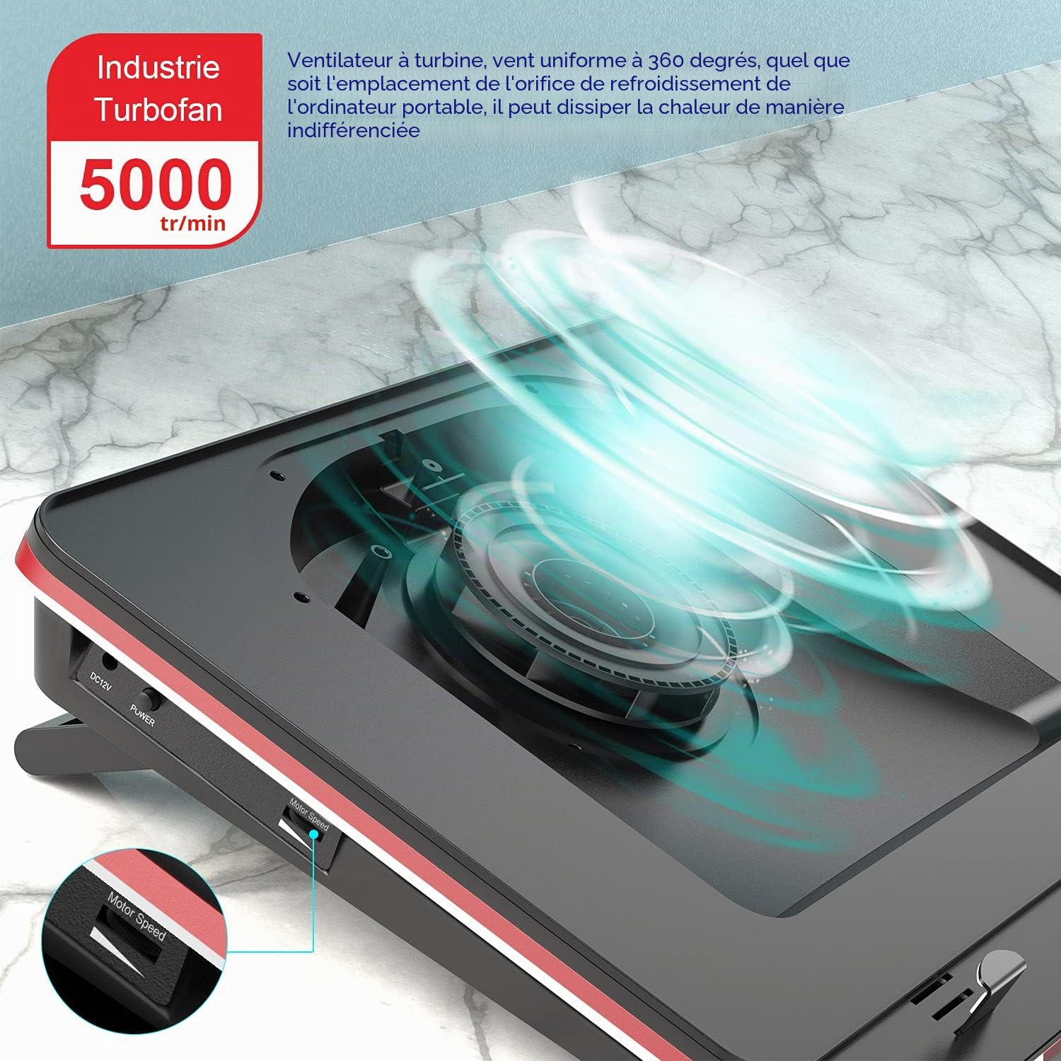 IETS GT500 Ventilateur turbo puissant 5000 tours/min pour ordinateur portable, mousse d'étanchéité pour refroidissement rapide, ordinateur portable de jeu 13 à 17.3" avec hub USB 3 ports