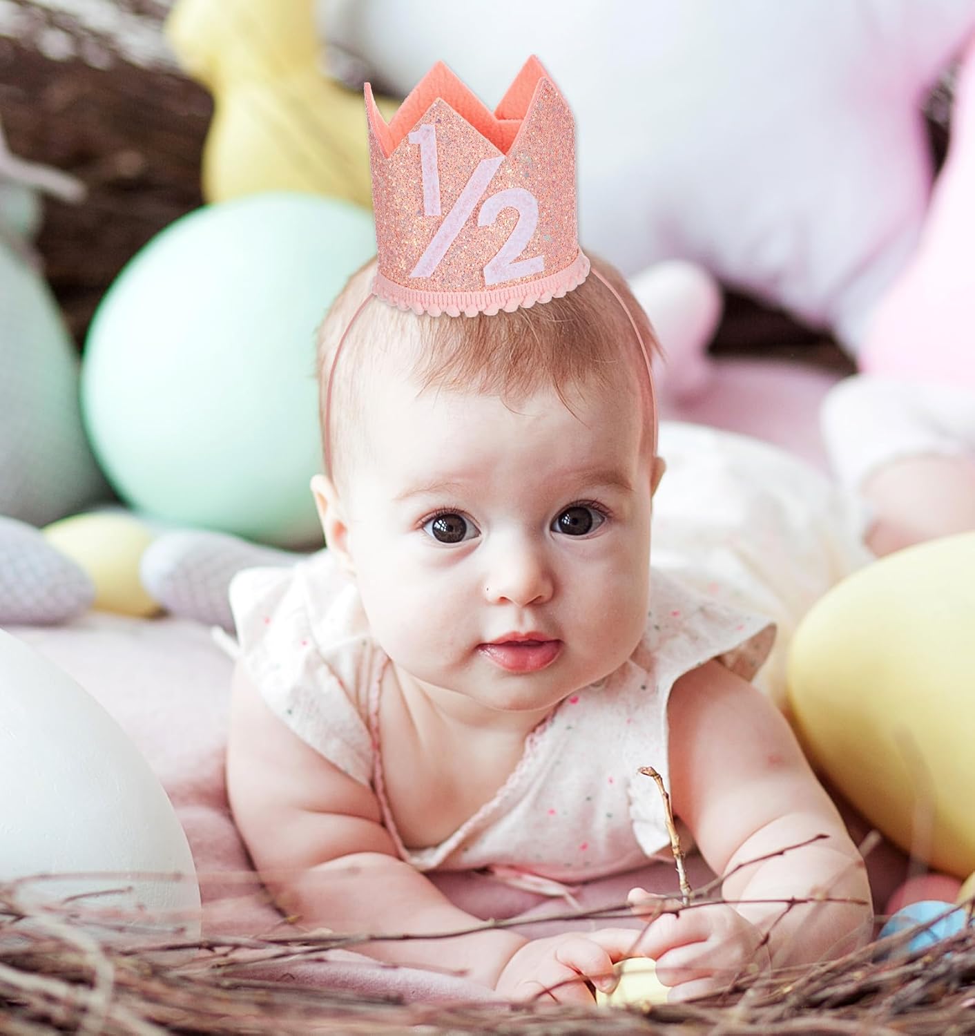 1/2 Birthday Crown, Adjustable Half Birthday Hat for 6-12 Months, Half Year Celebration, Party (Pink & Rose Gold, 11 Inch)