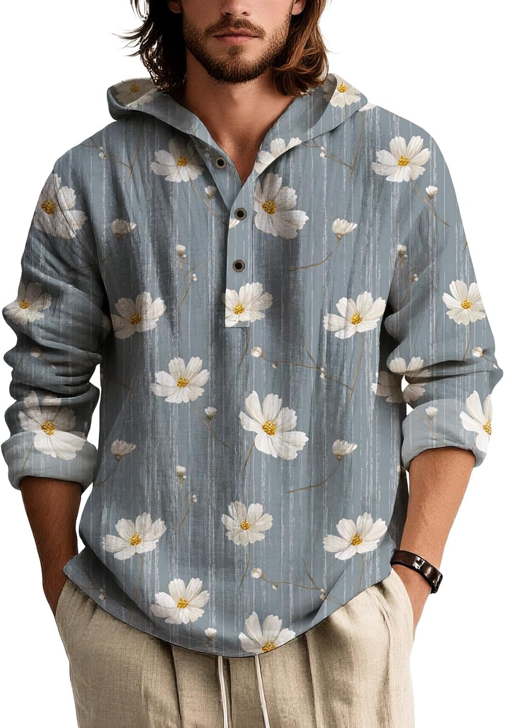Mens Long Sleeve Hooded Shirt Botanical Print Lightweight Casual Pullover Button Ne...