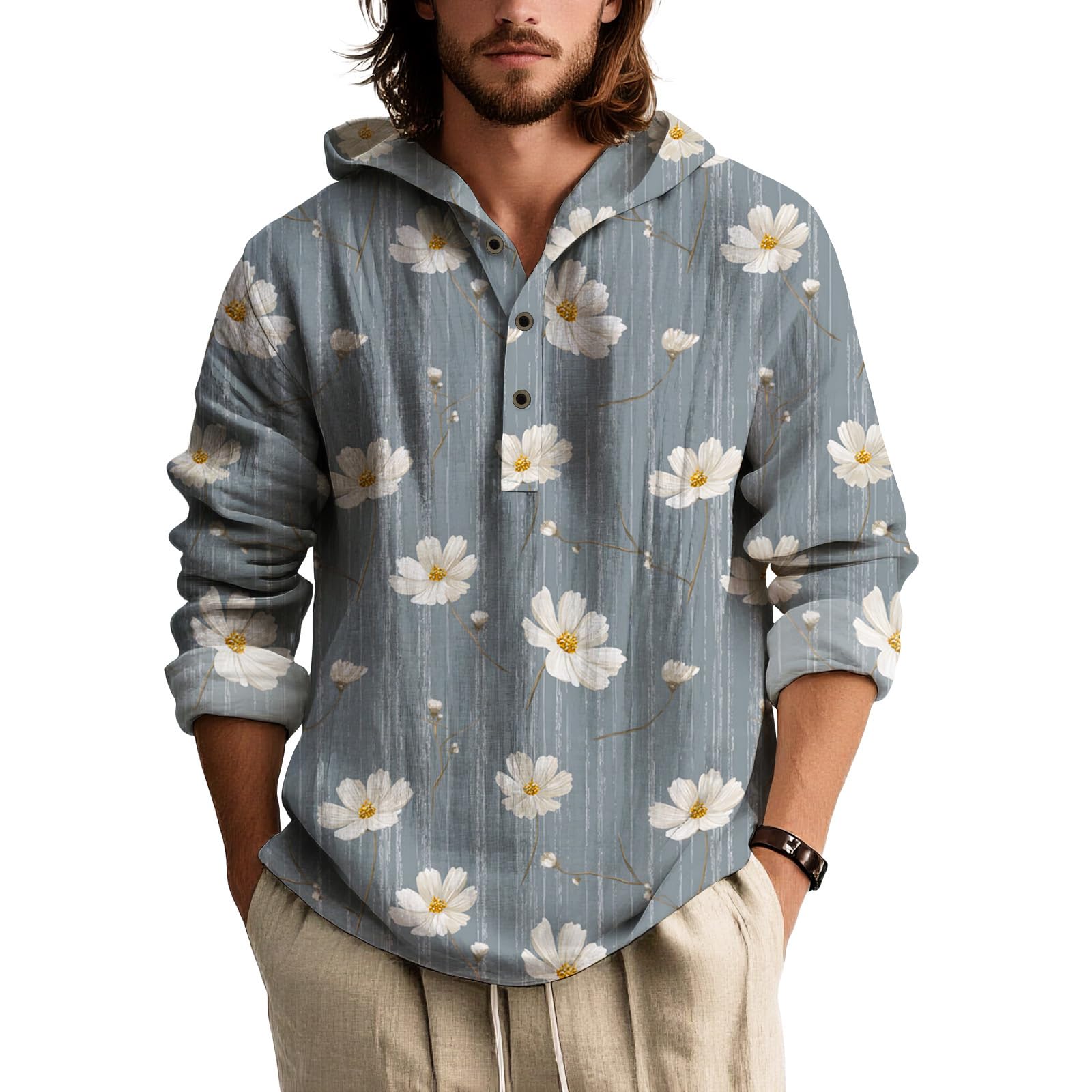 Mens Long Sleeve Hooded Shirt Botanical Print Lightweight Casual Pullover Button Neck Roll Up Sleeves Beach Wear