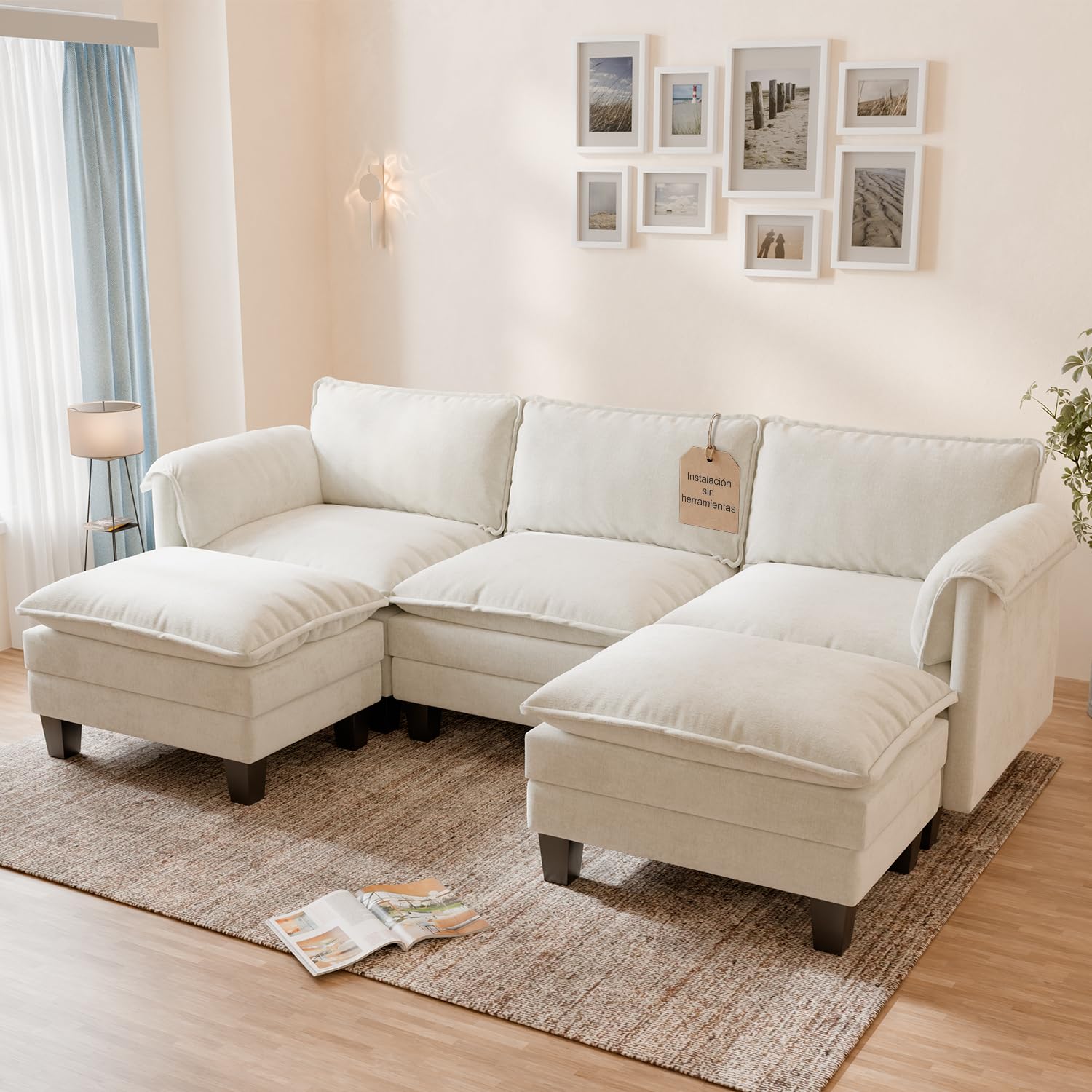 ELUCHANG Sofá Nube Modular 256cm con 2 Pufs, Sofá en Forma de U de 3 Plazas, Asiento Profundo 62cm, Montaje sin Herramientas, Sofá de Chenilla para Salón, Beige