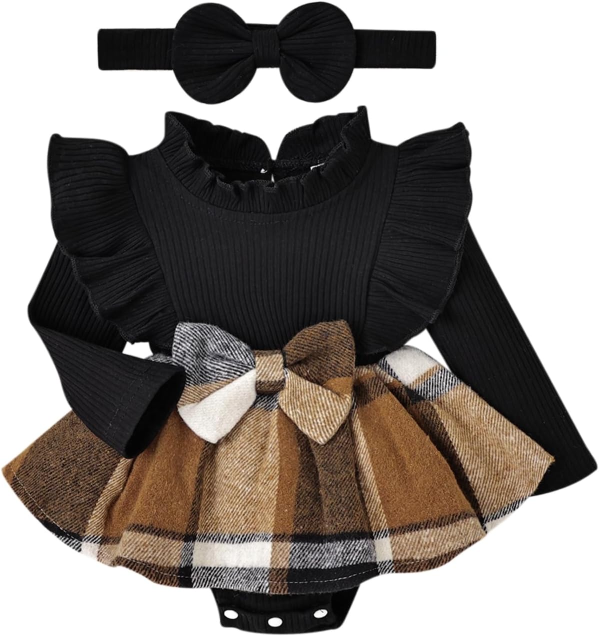 Baby Girl Clothes Cute Plaid Romper Dress Ruffle Long Sleeve One-piece Jumpsuit Bodysuit with Bow Headband
