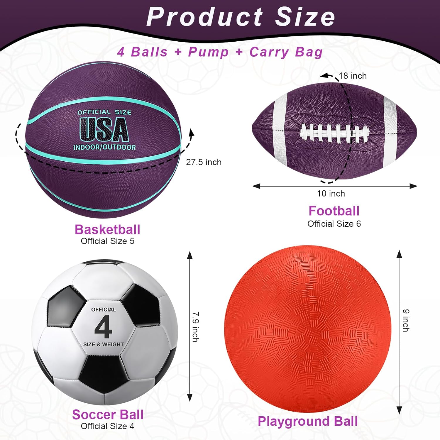 Deekin 4 Pcs Sport Balls Set for Kids Teens, Include Official Size Basketball Soccer Football Playground Ball and Pump Sports Equipment Bag Sports Gift(Purple, Teal)