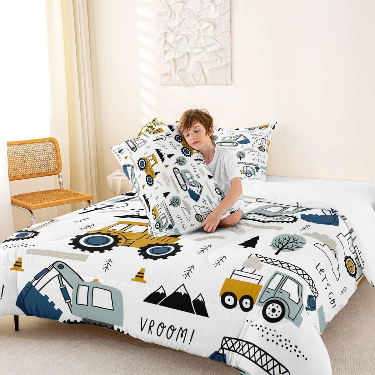 Feelyou Cartoon Car Kids Comforter Set Construction Bedding Set for Boys Toddler Decor Equipment Trucks Comforter Cartoon Car Excavator Tractor White Yellow Duvet Set Bedroom Quilt Set 3Pcs Full