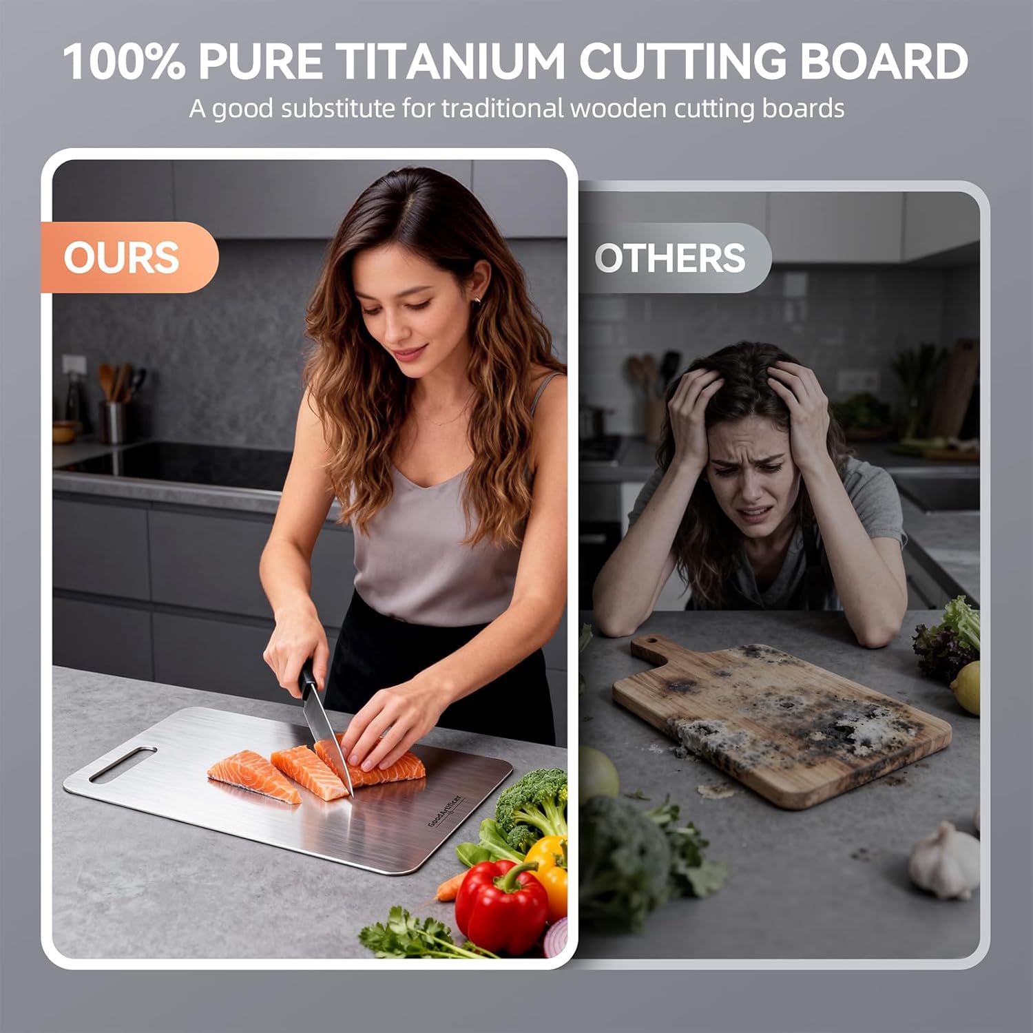 Titanium Cutting Boards Set of 3, 100% Pure Titanium Kitchen Cutting Board, Double-Sided Non-Toxic Cutting Board, Ideal for Slicing and Dicing Meats, Features Handle, Dishwasher Safe - Image 2