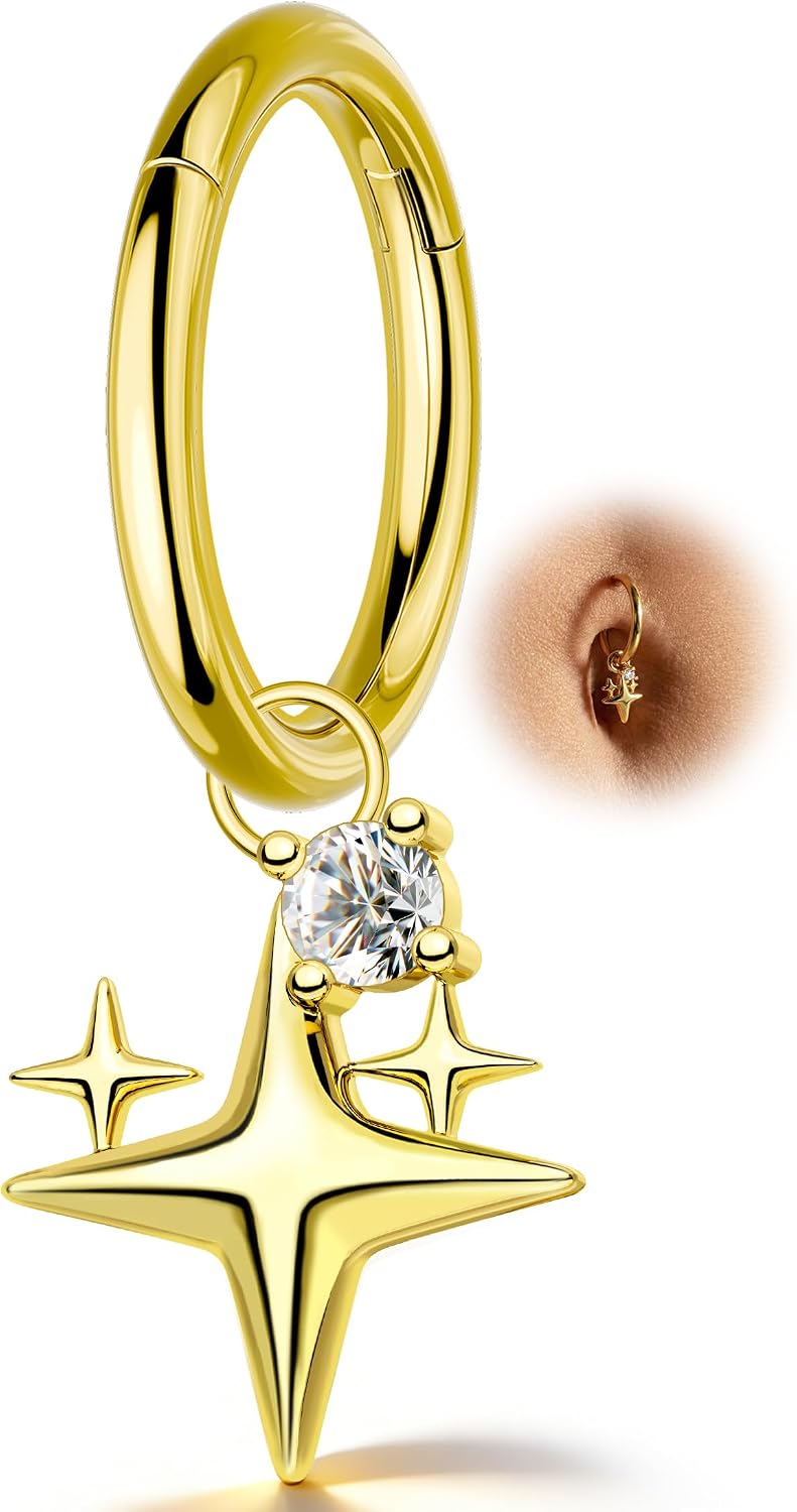 COCHARM Clicker Belly Button Rings 14G Gold Plated Belly Button Piercing Hoop Dangle Star Navel Piercing Jewelry 8/10MM
