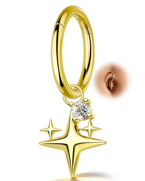 COCHARM Clicker Belly Button Rings 14G 10MM Gold Plated Belly Button Piercing Hoop Dangle Star Navel Piercing Jewelry by COCHARM - Used condition - US$11.07