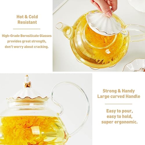 Miniatura 4 de DUJUST Juego de 6 té de lujo con tetera, tazas y platillos, 8.5 onzas, tetera de diseño de hadas con calentador, tazas de café con impresión en