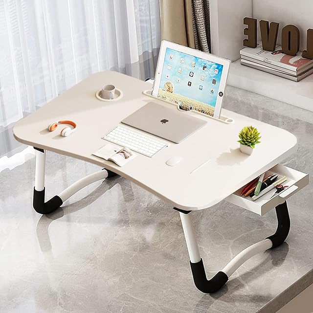 EAQ Bureau de lit d'ordinateur portable, Table de lit portable pliable pour ordinateur portable Table avec support de tasse/Tiroir de rangement/Tableau de rangement pour le travail de lit/couch/sofa, Lecture (blanc)