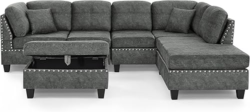Miniatura 7 de Juegos de muebles de sala de estar, sofá seccional con otomana de almacenamiento, 2 almohadas en forma de L y diván reversible extra ancho, sofá