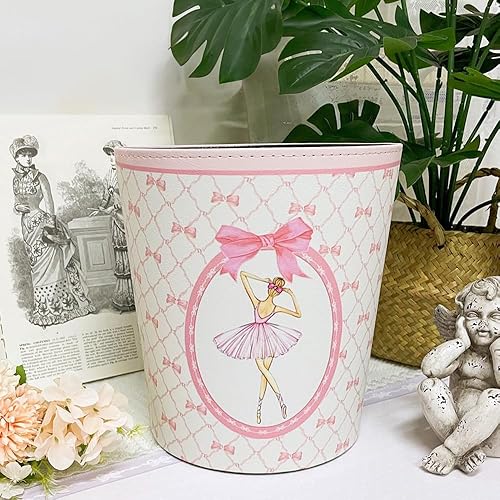 Bote de basura rosa con lazo de cuero para dormitorio, contenedor de basura redondo impermeable con patrón de bailarina de ballet para dormitorio,