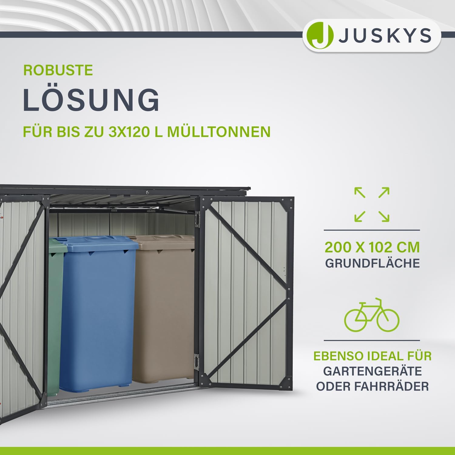 Juskys Namur 3-Bin Garbage Can Enclosure showing capacity