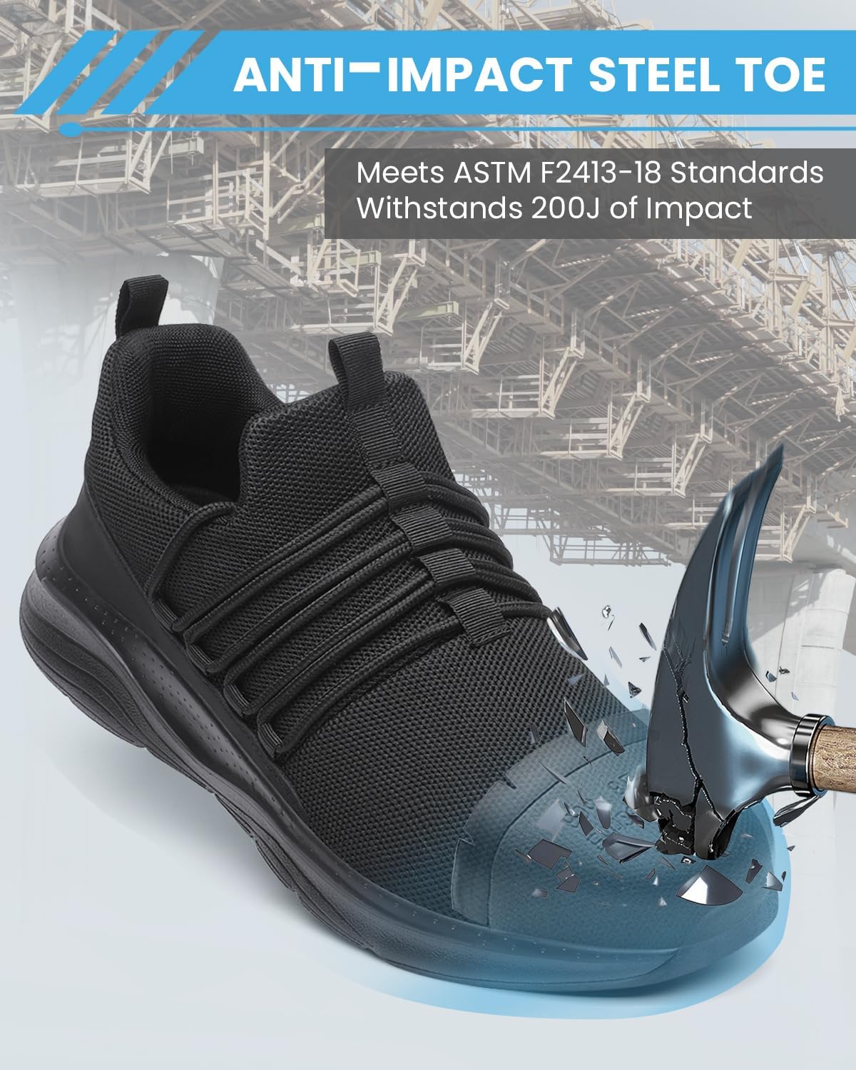 VikoViren Steel Toe Shoes for Men Lightweight Non Slip Work Shoes for Men Puncture Proof Construction Indestructible Slip Resistant Safety Work Sneakers - Image 3