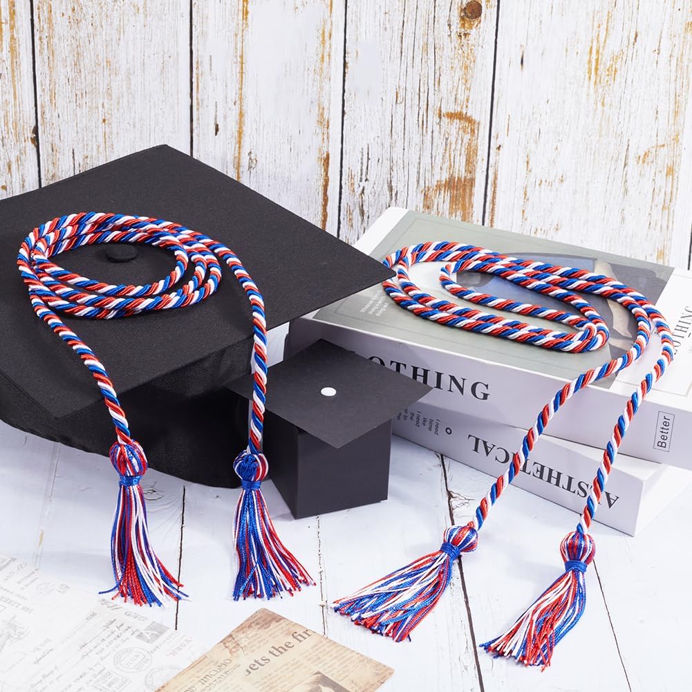 GORGECRAFT 2Pcs Graduation Season Honor Cord with Tassels 1.7Ms Royal Blue Red White Polyester Braided Honor Ropes Graduation Decorative Ribbon Necklace Props Accessory for Students College Grad Party