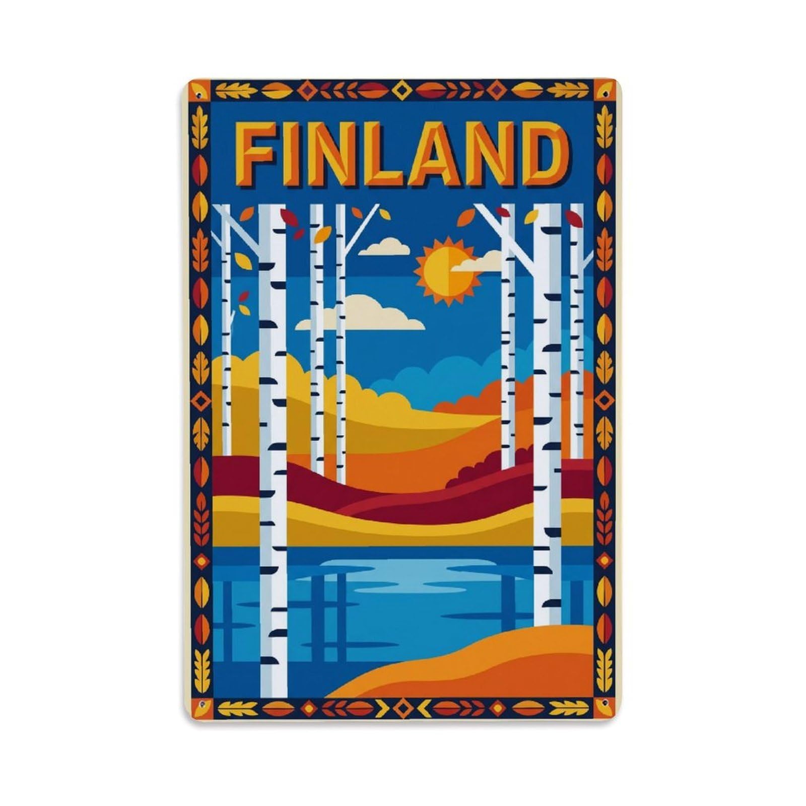 Olhnbad Style Finland Birch Forest Sunset Nordic Travel Metal Tin Sign