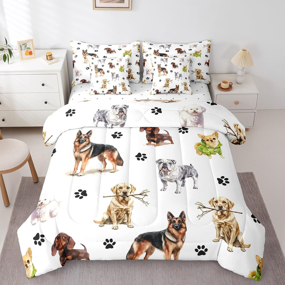 Feelyou Boys Girls Cute Dog 7 Pieces Bedding Set Full Size, Puppy Dog Bed in A Bag Kids Kawaii Animal Comforter Set with Sheets Cartoon Teens Bed Set Bedroom Decor 7Pcs