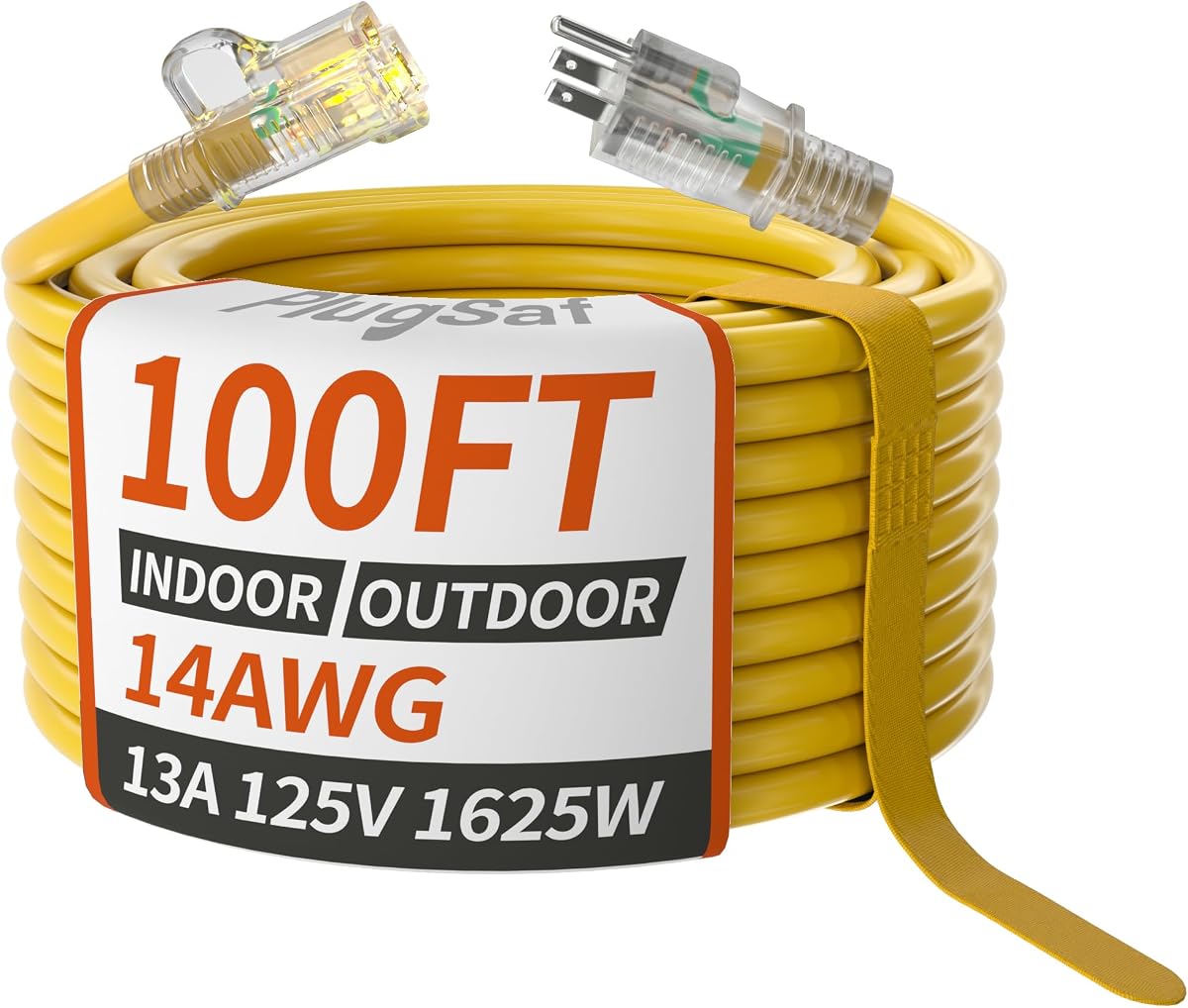 PlugSaf 14/3 Gauge Yellow Outdoor Extension Cord 100 ft Waterproof with Lighted Indicator, Cold Weatherproof -40°C, Flexible 3 Prong Extension Cord Outside,13A 1625W 14AWG SJTW, ETL Listed
