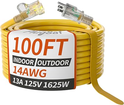 PlugSaf 14/3 Gauge Yellow Outdoor Extension Cord 100 ft Waterproof with Lighted Indicator, Cold Weatherproof -40C, Flexible 3 Prong Extension Cord Outside,13A 1625W 14AWG SJTW, ETL Listed