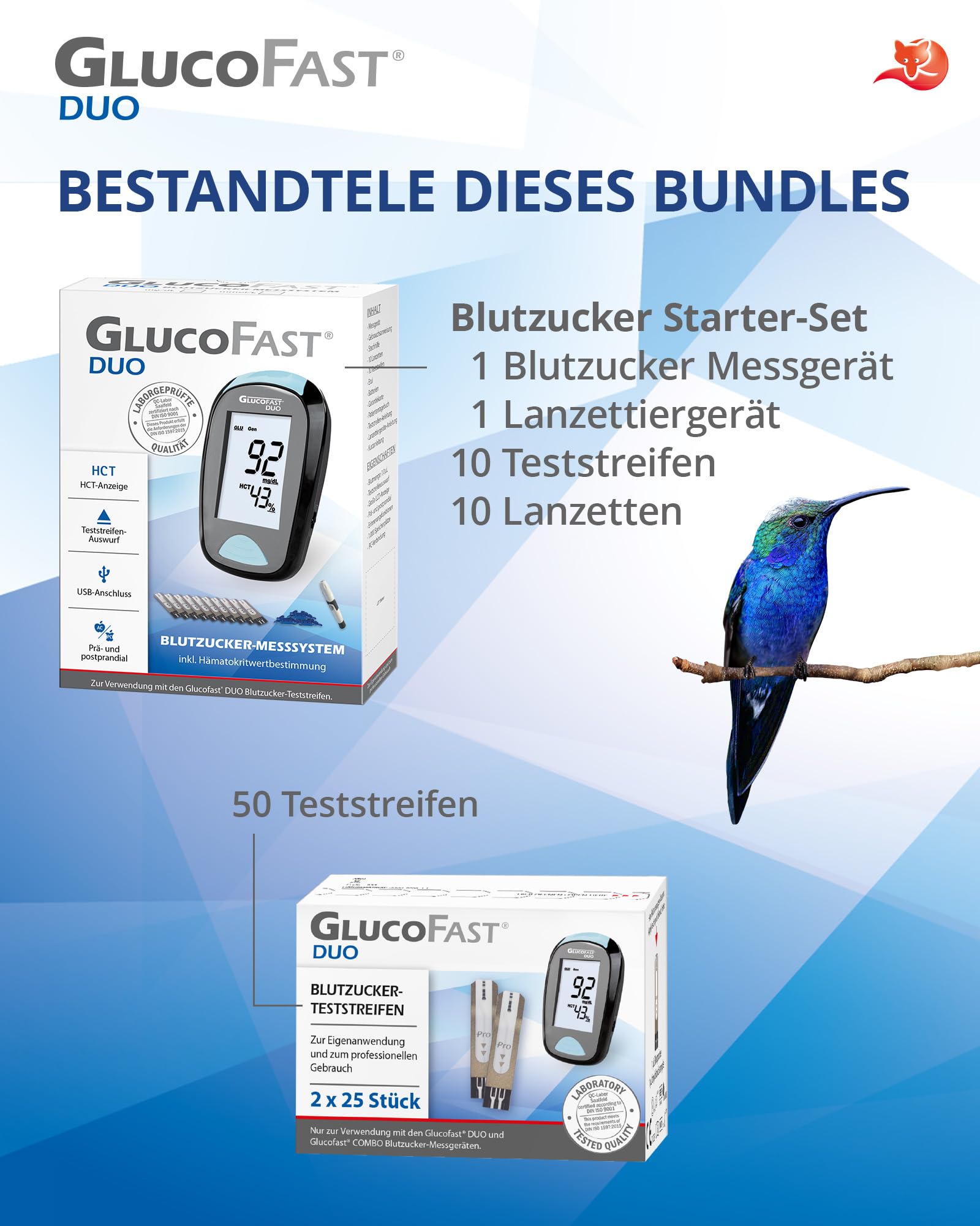 Duo Blutzuckermessgerät (mg/dL) Set mit 60 Teststreifen & 10 Lanzetten | Zertifiziertes Diabetes-Messsystem mit hoher Genauigkeit | Leichte Anwendung
