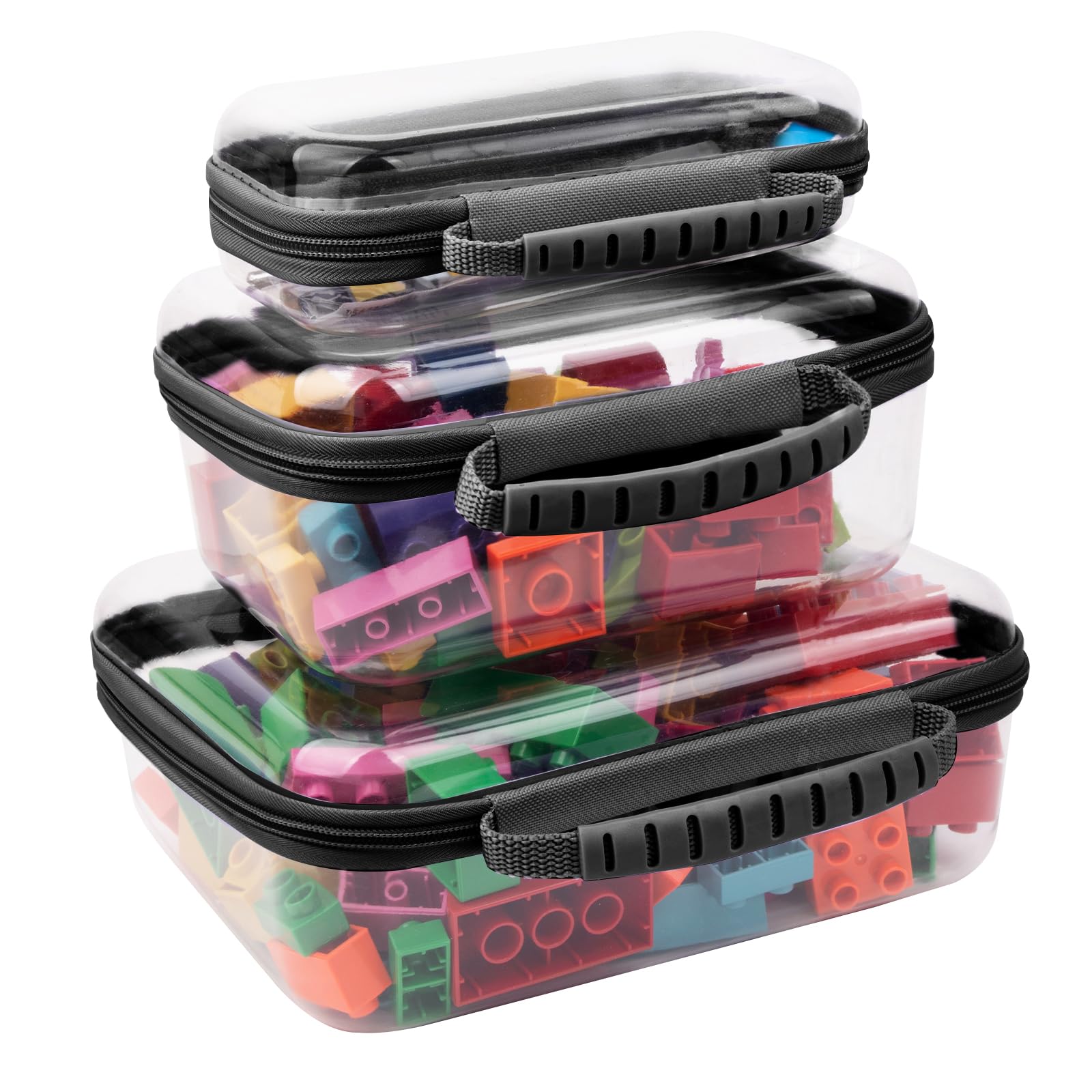 3 PCS Clear Zipper Pouches with Handle, Diaper Bag Organizer, Clear Makeup Bags Hardshell Toy Storage Bins with Zipper, Toiletry Pouch Bag for