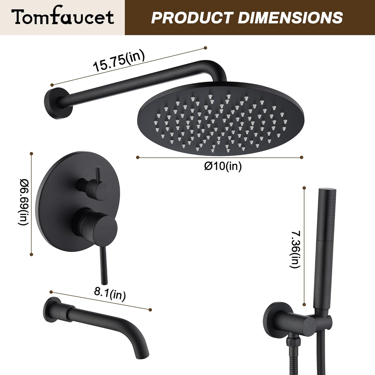 3 Functions Shower System with Tub Spout, 10" Round Wall Mounted Rain Shower System, High-Pressure Shower Head with 2 Modes Handheld Spray, Matte Black Shower Head System