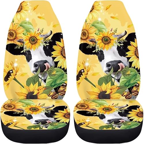 Drydeepin Juego de 2 fundas de asiento delantero de automóvil con estampado de vaca de girasol amarillo, ajuste universal para la mayoría de