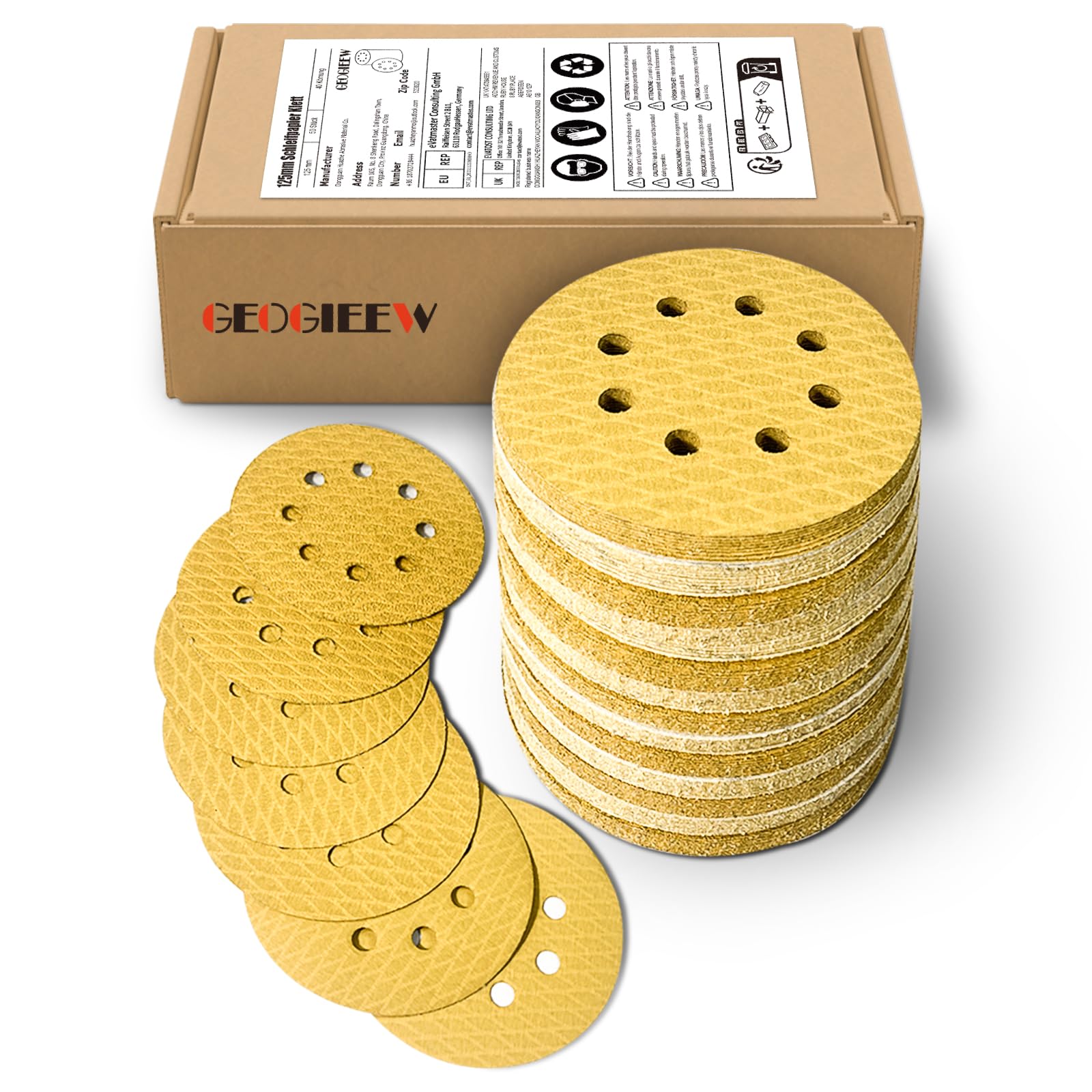 GEOGIEEW 80PCS 125mm Sanding Discs, 5 Inch 8 Hole Hook and Loop Pads - Grit 150, Ideal for Woodworking & Finishing with Random Orbital Sanders