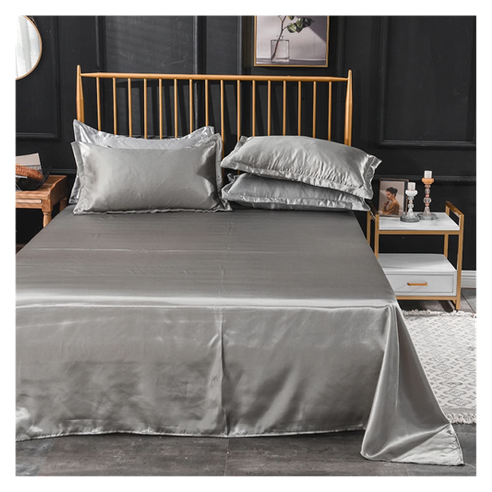 Ice Silk Bed Sheet, Ice Silk Bed Sheet Flat Multicolor Multiple Sizes(Silver Gray,170x230cm)