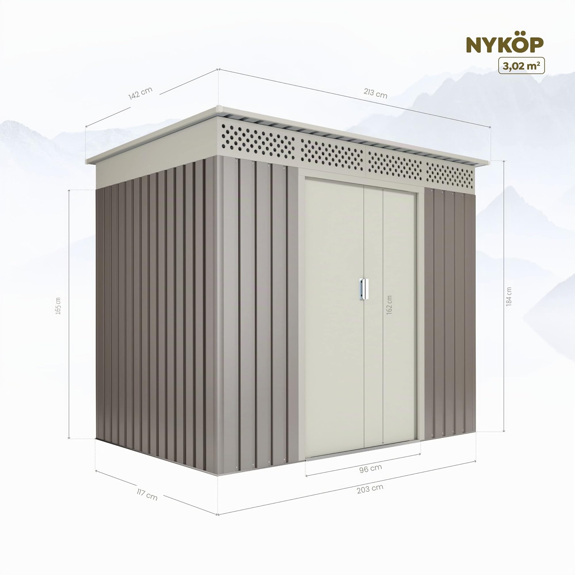 Hoggar - Caseta Metálica Jardín 3,02m2 - Respiraderos para Evitar Condensación – Techo Inclinado – Garantía 10 Años Anticorrosión - Topo Beige – Cobertizo Resistente Metal Almacenaje Exterior