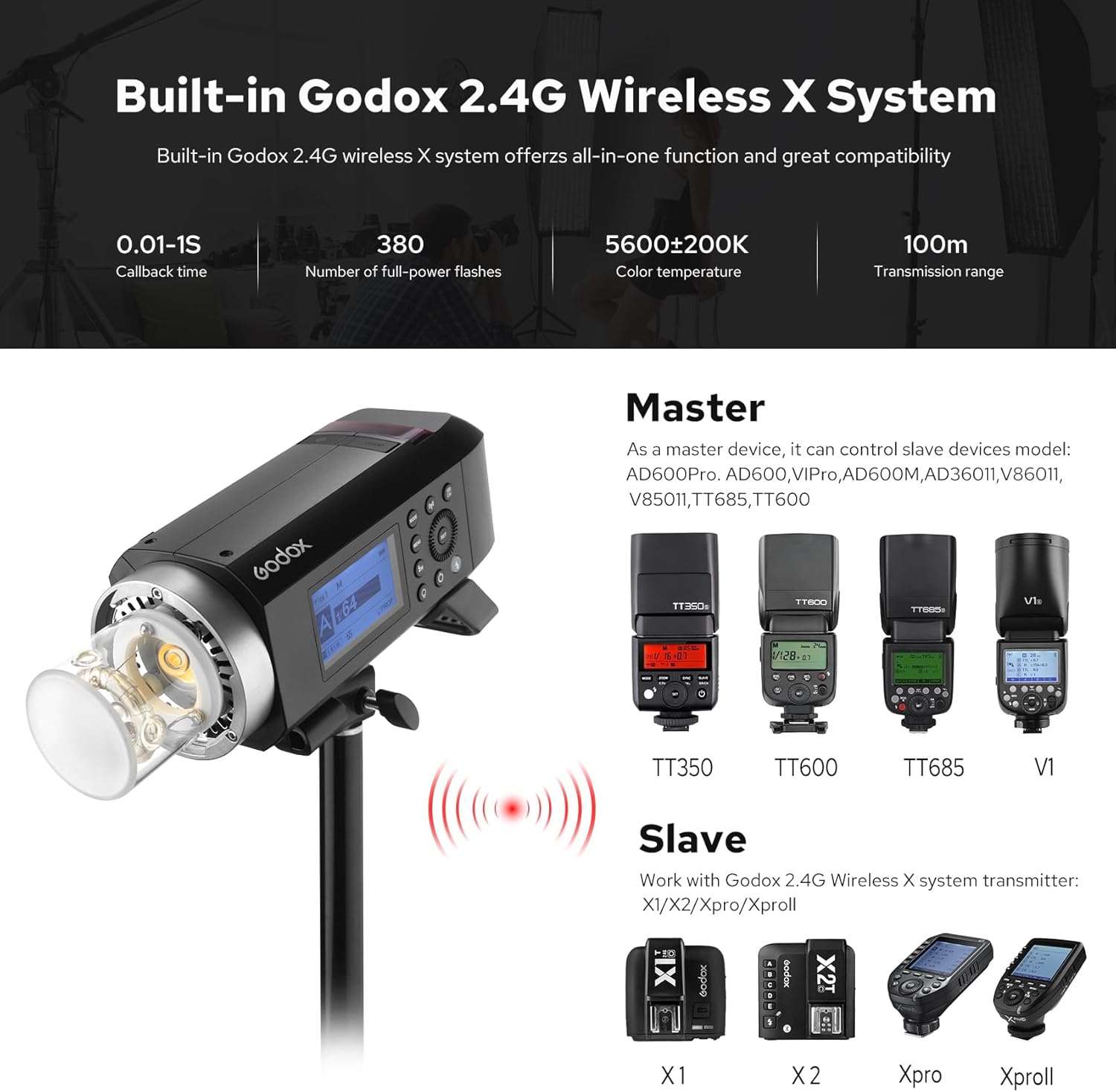 Godox AD400PRO Profession Studio Flash Light with Godox&Bowens Mount GN72 400Ws 2.4G TTL HHS 1/8000S 5600K±200K 21.6V/2600mAh 0.01-1s Recycle Time 30W Modeling lamp for Portrait/Product Photography