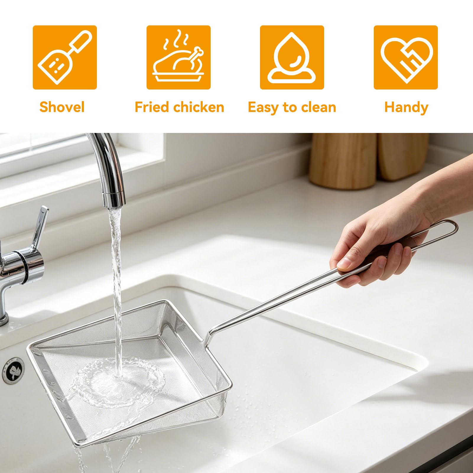 Écumoire à mailles carrées, écumoire à huile pour friteuse, cuillère à frire, passoire araignée en acier inoxydable avec long manche pour cuisine, piscine, aliments frits