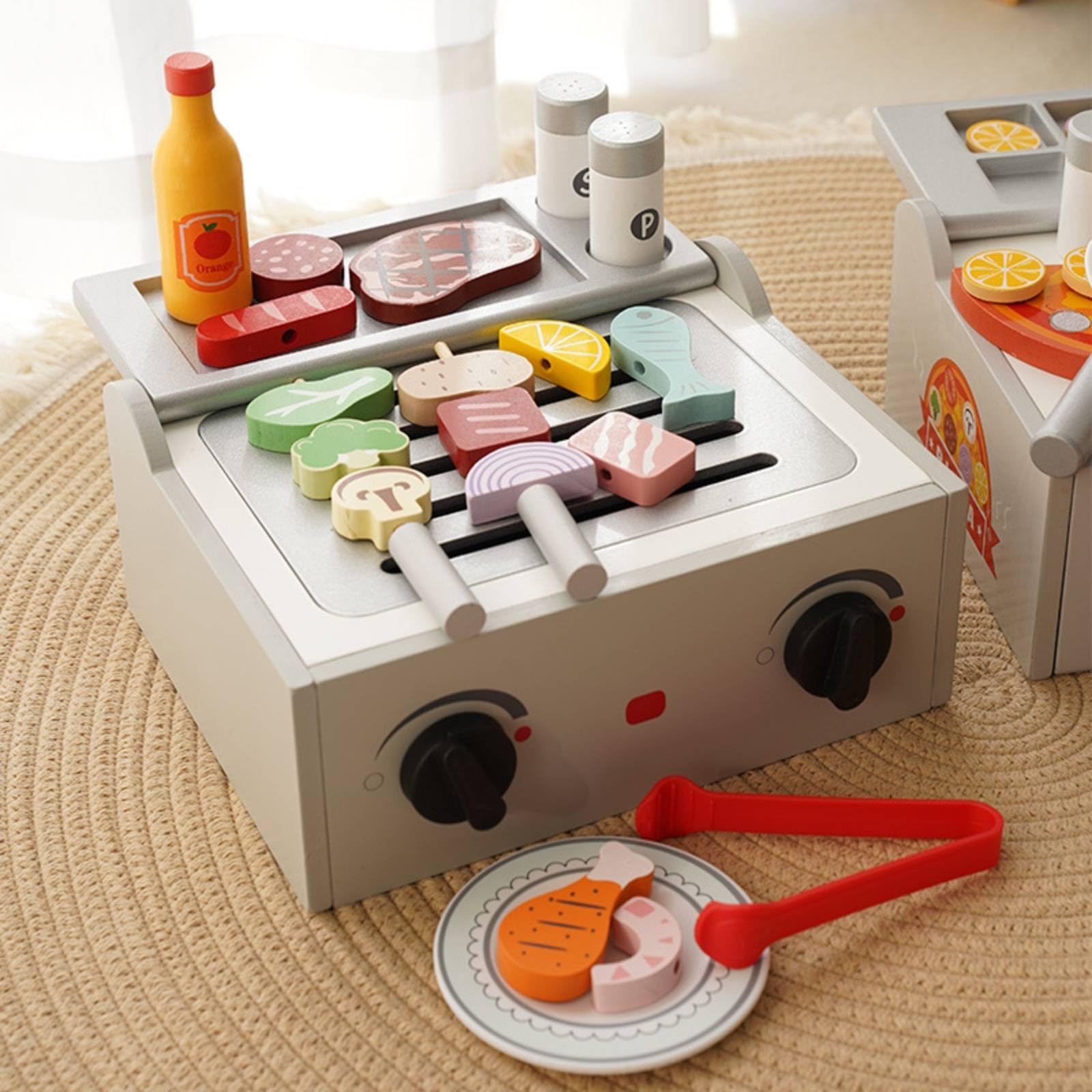 Kinder Spielofen Holz Grillofen Küche Rollenspiel Set Backofen Kochherd Lernspielzeug Förderung Organisieren Stabil Langlebig für Vorschule Kindergarten Zuhause Geschenk
